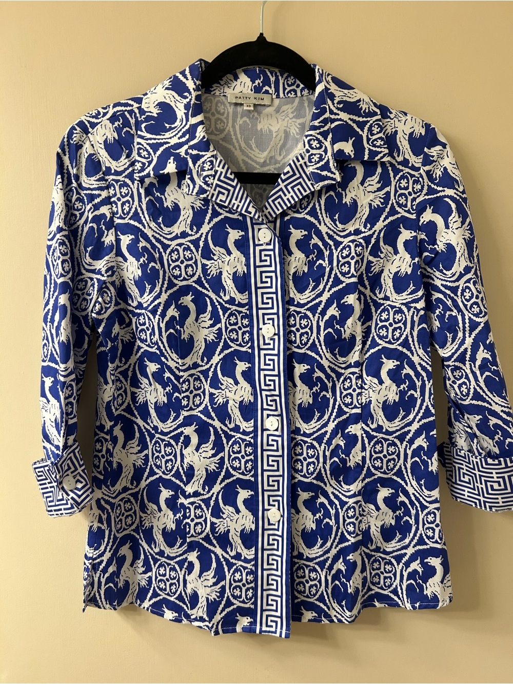 Patty Kim Blue & White Phoenix Button Print Blouse Luxury Elegant Resortwear- XS